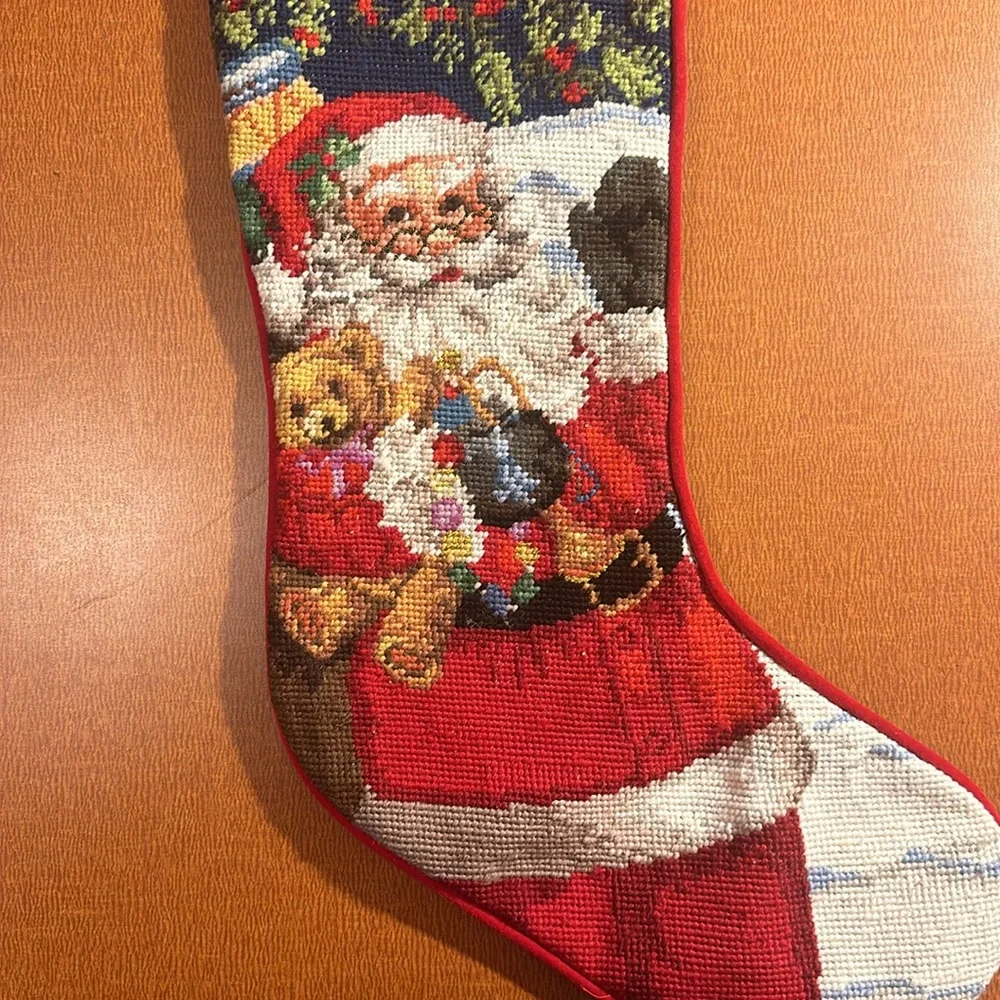 Santa Wool Embroidered Stocking with Red‎ Velvety Fabric
